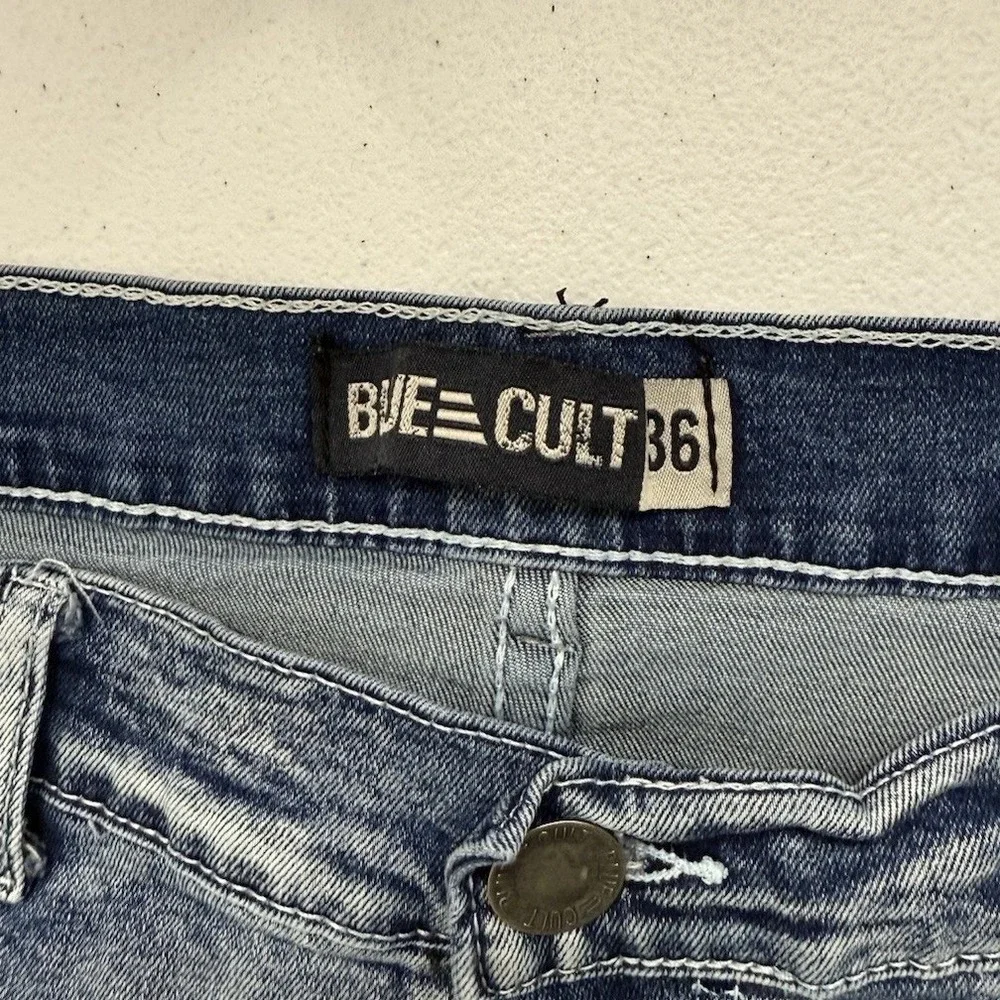 Blue‎ Cult Mens Acid Wash Slim Jeans Light Blue Embroidered Pockets Size 36